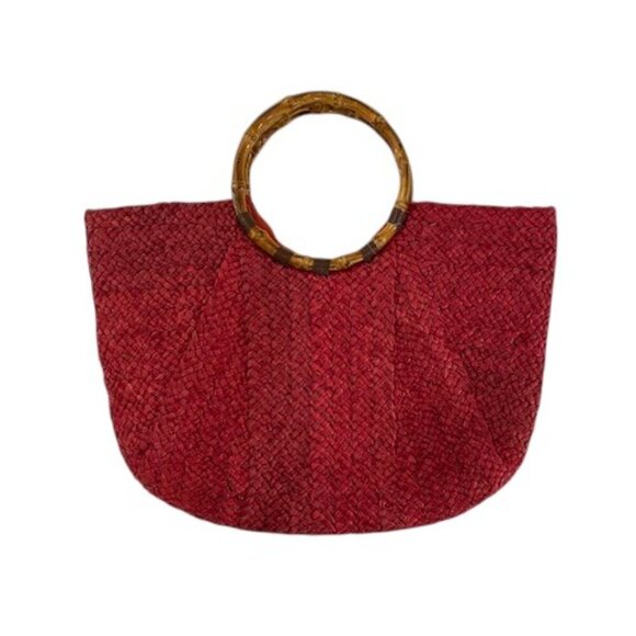 Vintage Handbags - Vintage Large Red Woven Wicker Bamboo Handle Beach Bag Handbag Purse